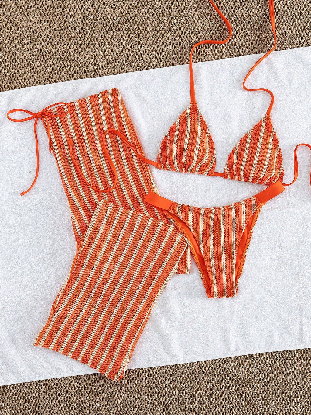 Conjunto de Biquíni 3 Peças Listrado com Top Frente-Única