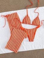 Conjunto de Biquíni 3 Peças Listrado com Top Frente-Única