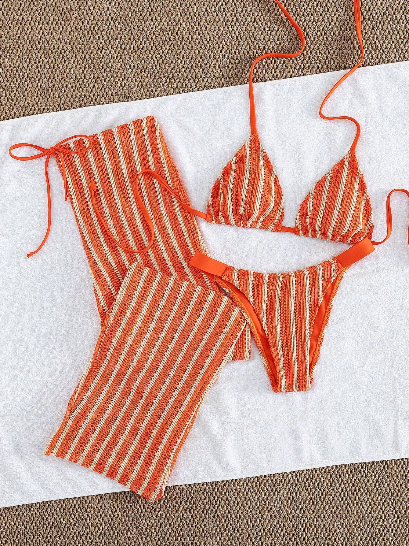 Conjunto de Biquíni 3 Peças Listrado com Top Frente-Única