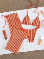 Conjunto de Biquíni 3 Peças Listrado com Top Frente-Única