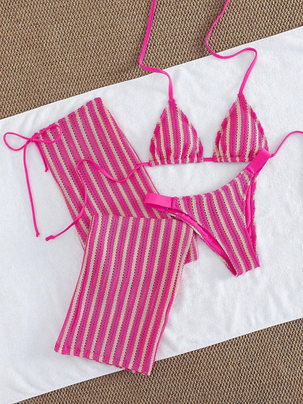 Conjunto de Biquíni 3 Peças Listrado com Top Frente-Única