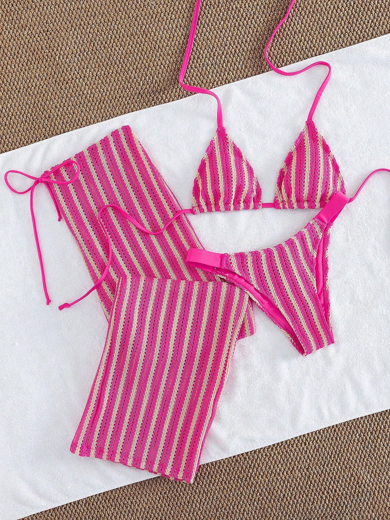 Conjunto de Biquíni 3 Peças Listrado com Top Frente-Única