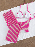 Conjunto de Biquíni 3 Peças Listrado com Top Frente-Única