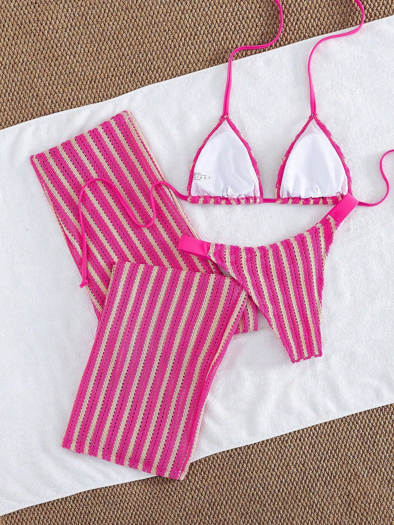 Conjunto de Biquíni 3 Peças Listrado com Top Frente-Única