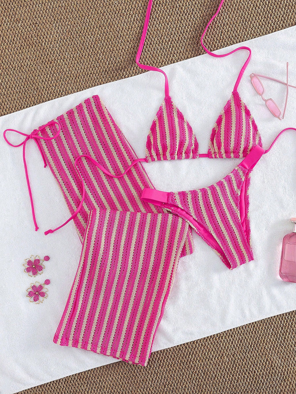 Conjunto de Biquíni 3 Peças Listrado com Top Frente-Única