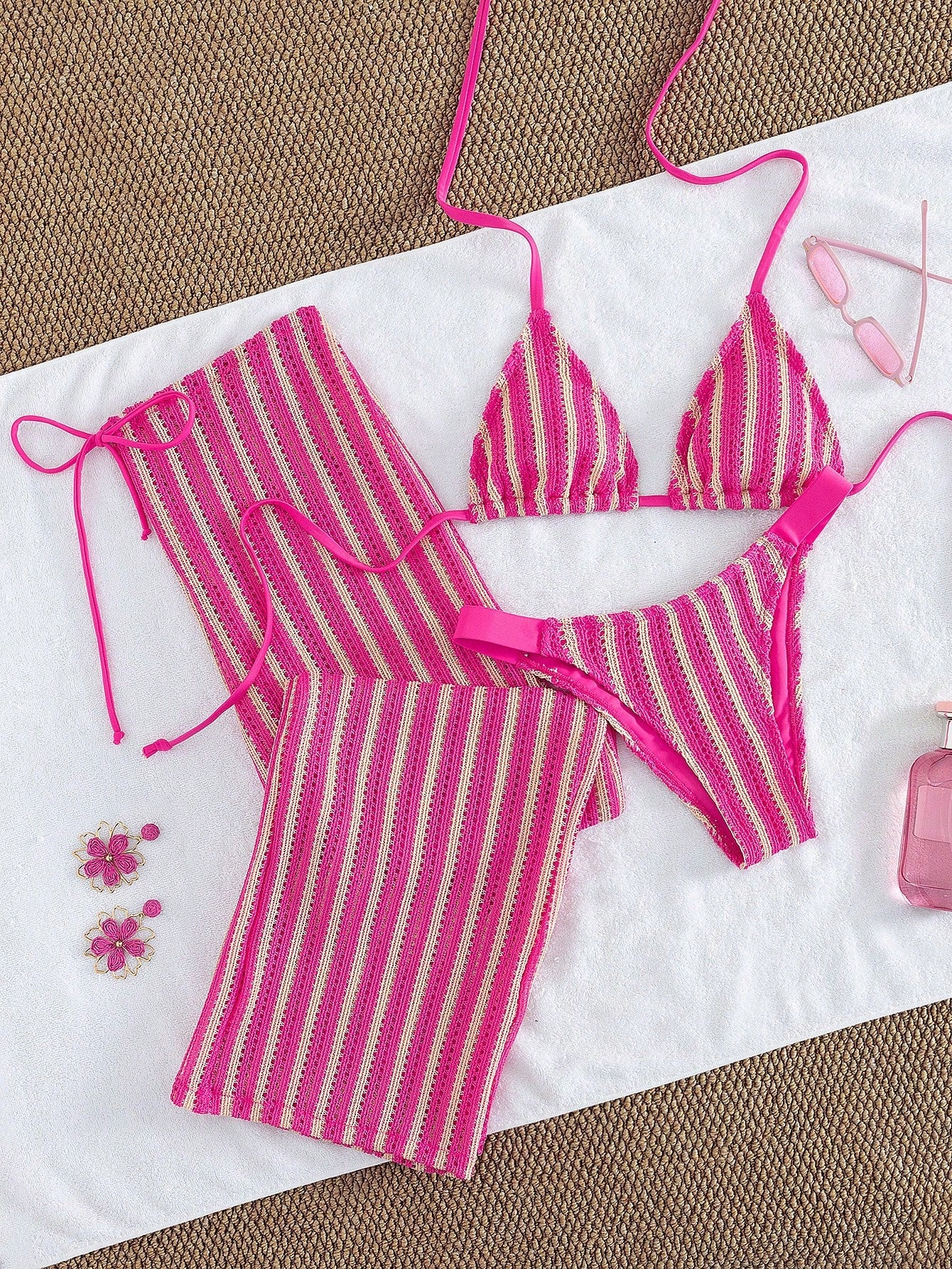 Conjunto de Biquíni 3 Peças Listrado com Top Frente-Única
