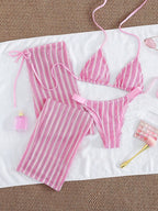 Conjunto de Biquíni 3 Peças Listrado com Top Frente-Única