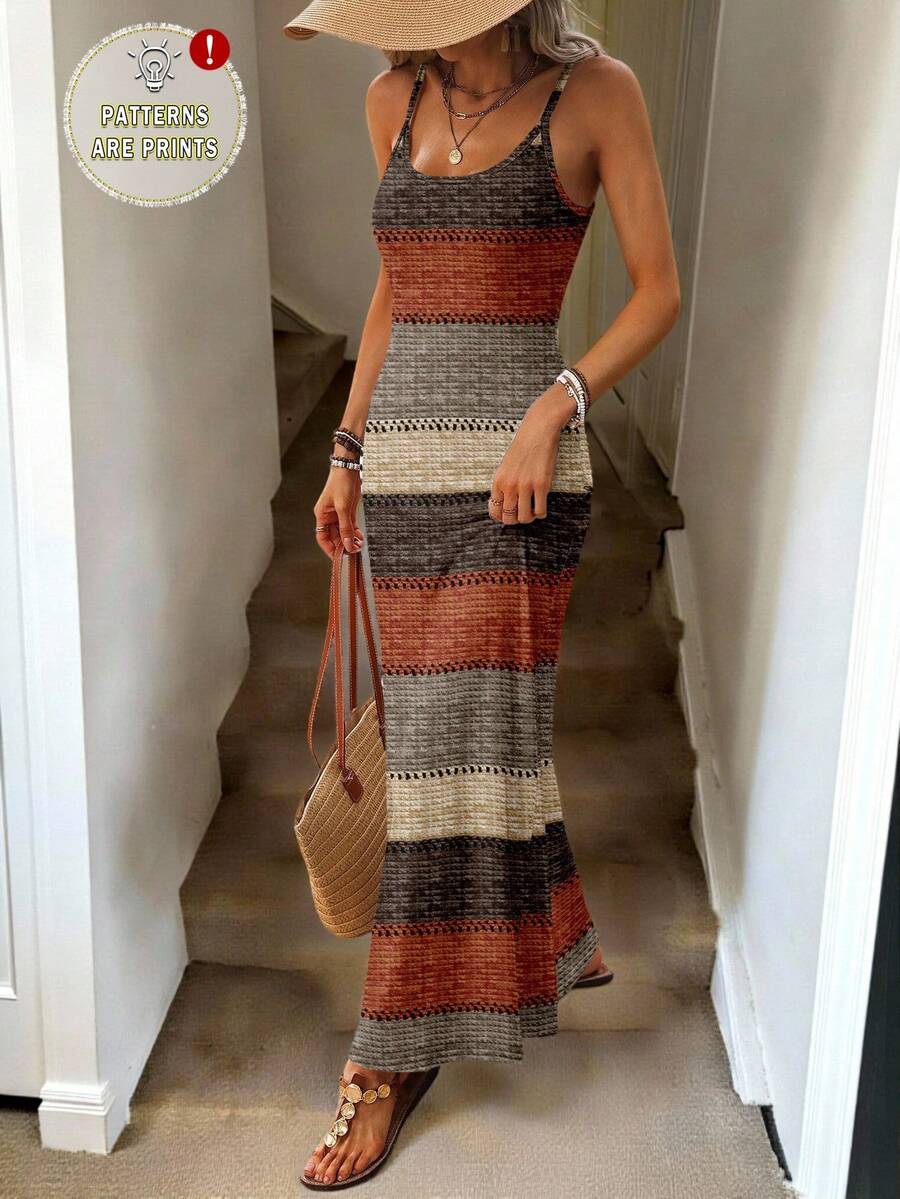 Vestido Maxi Listrado com Bainha Assimétrica - La Lecce