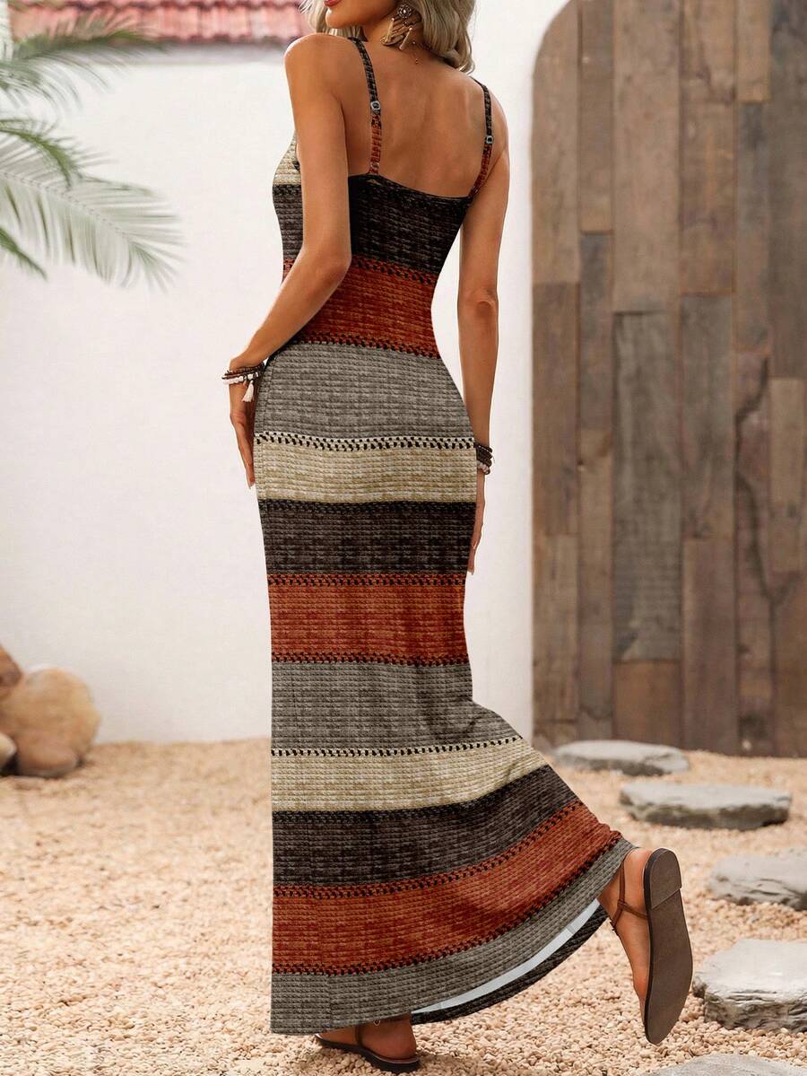 Vestido Maxi Listrado com Bainha Assimétrica - La Lecce