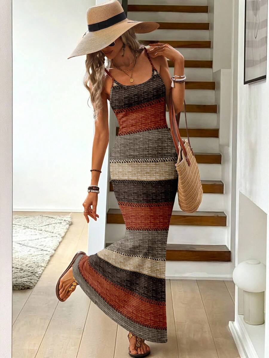 Vestido Maxi Listrado com Bainha Assimétrica - La Lecce
