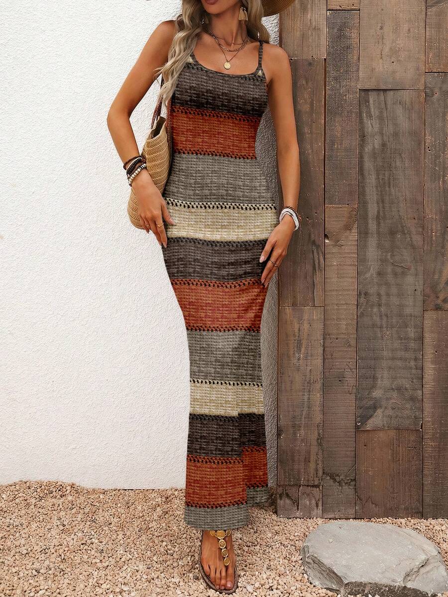 Vestido Maxi Listrado com Bainha Assimétrica - La Lecce