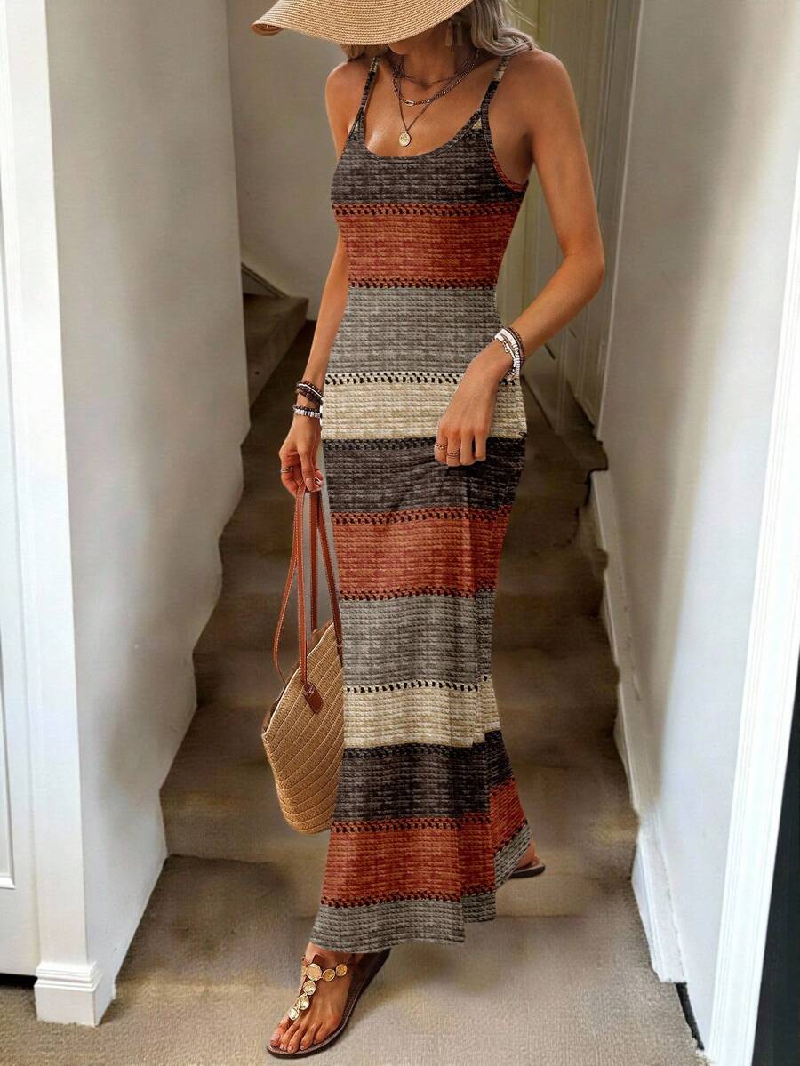 Vestido Maxi Listrado com Bainha Assimétrica - La Lecce