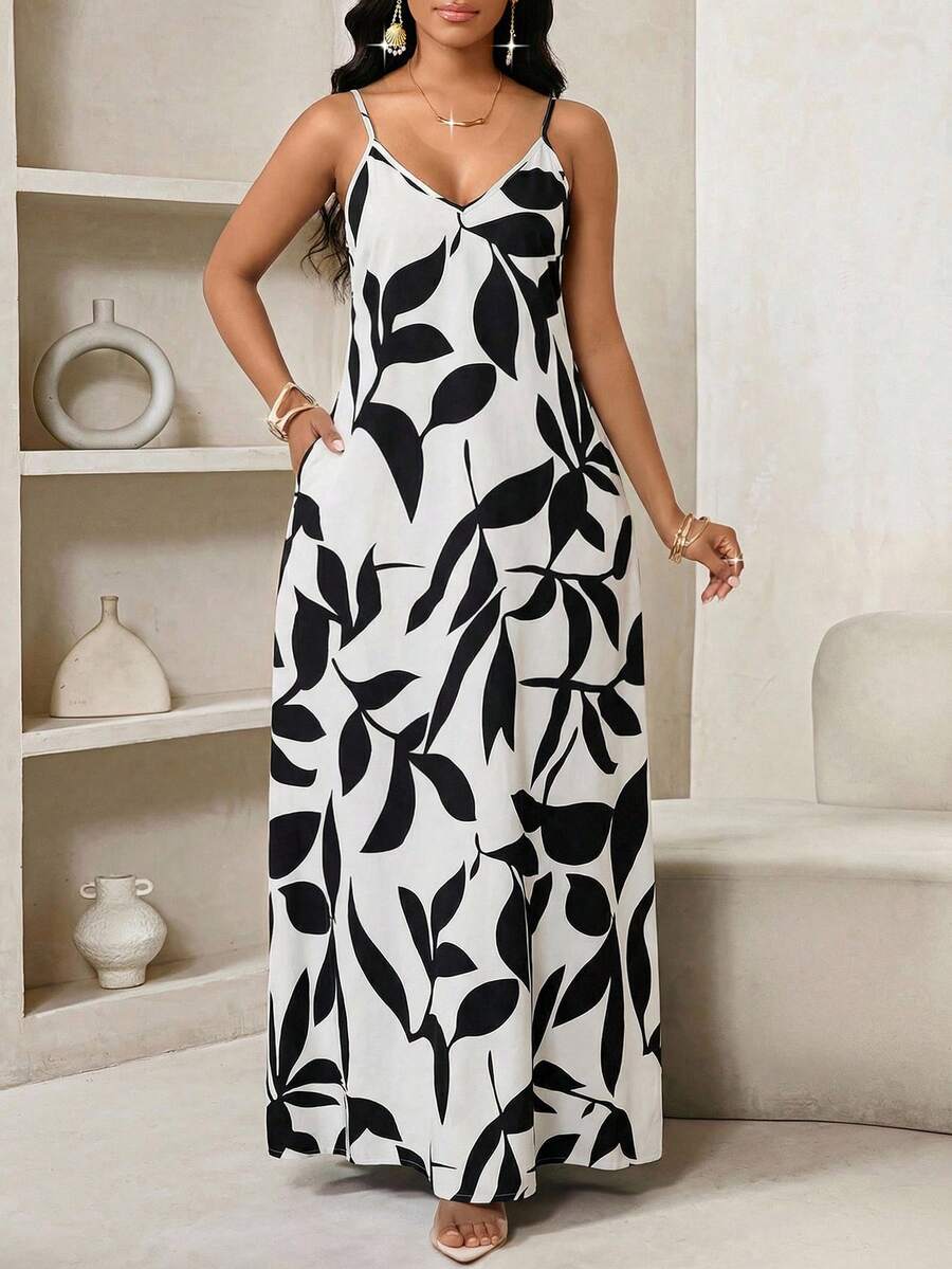 Vestido Maxi de Alças com Estampa Geométrica e Bolsos