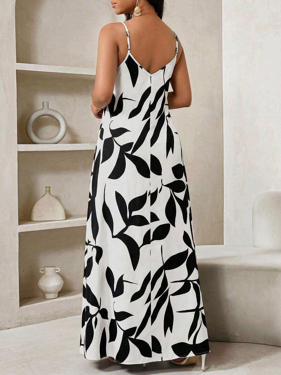 Vestido Maxi de Alças com Estampa Geométrica e Bolsos