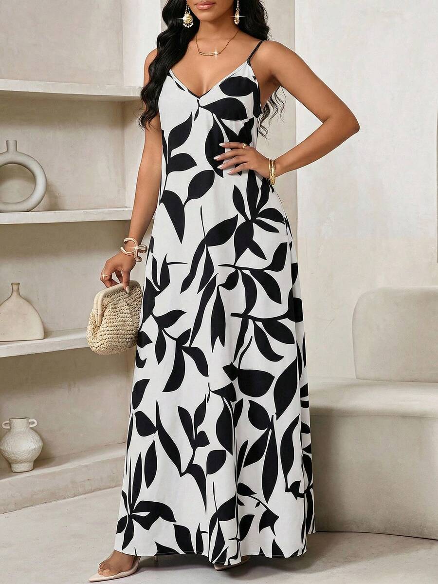 Vestido Maxi de Alças com Estampa Geométrica e Bolsos