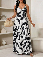 Vestido Maxi de Alças com Estampa Geométrica e Bolsos