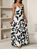 Vestido Maxi de Alças com Estampa Geométrica e Bolsos