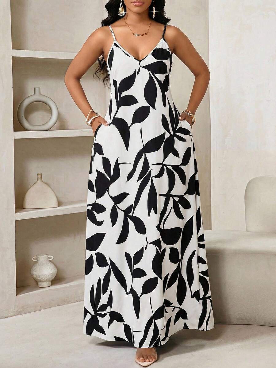 Vestido Maxi de Alças com Estampa Geométrica e Bolsos