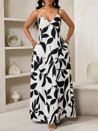 Vestido Maxi de Alças com Estampa Geométrica e Bolsos