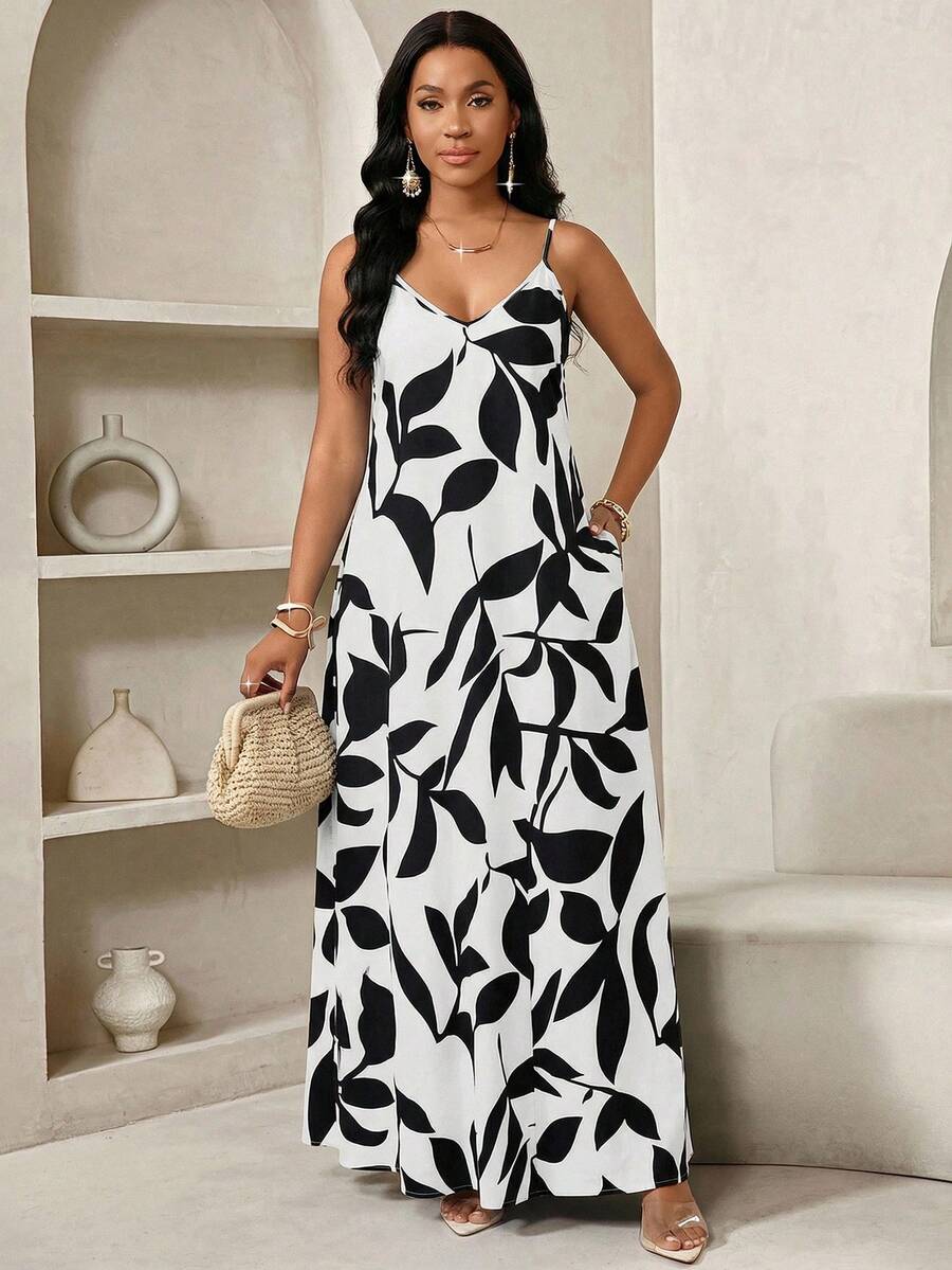 Vestido Maxi de Alças com Estampa Geométrica e Bolsos
