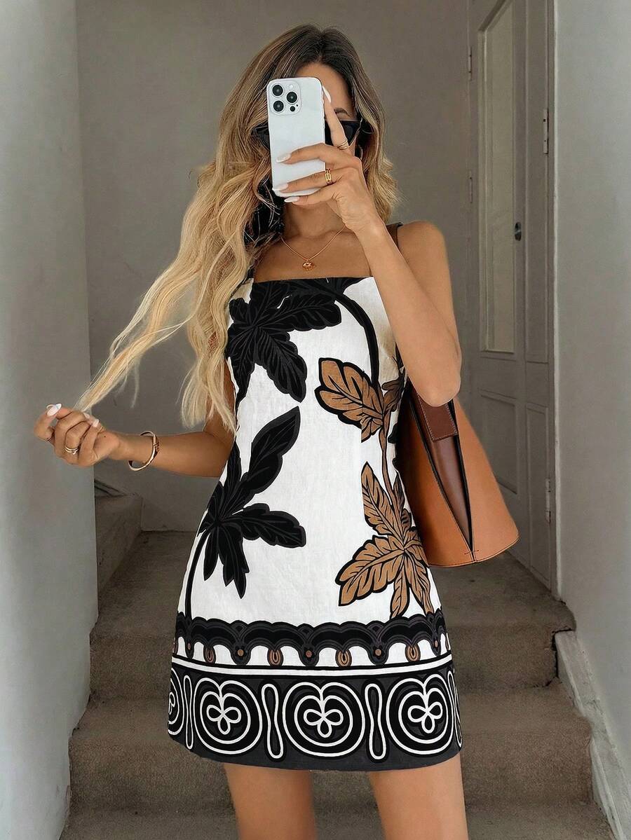 Vestido Mini de Alças com Estampa de Coqueiro e Costas Abertas - La Lecce