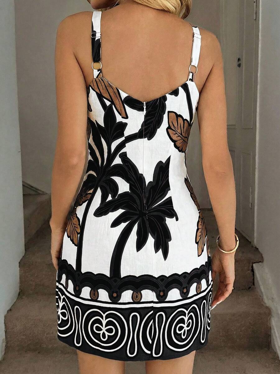 Vestido Mini de Alças com Estampa de Coqueiro e Costas Abertas - La Lecce