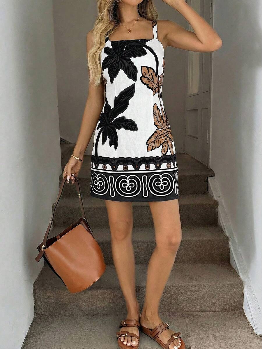 Vestido Mini de Alças com Estampa de Coqueiro e Costas Abertas - La Lecce