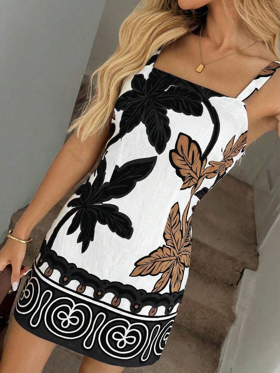 Vestido Mini de Alças com Estampa de Coqueiro e Costas Abertas - La Lecce