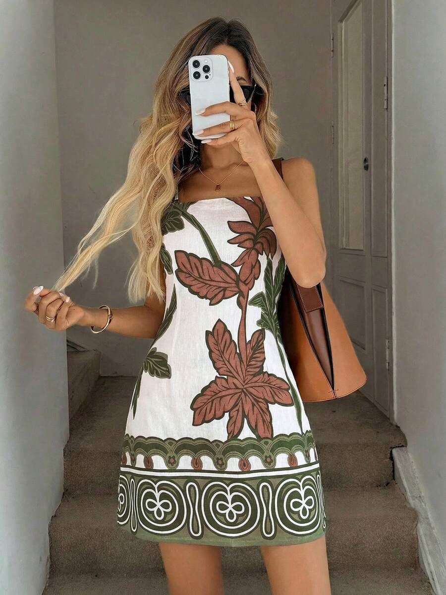 Vestido Mini de Alças com Estampa de Coqueiro e Costas Abertas - La Lecce