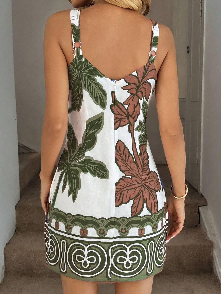 Vestido Mini de Alças com Estampa de Coqueiro e Costas Abertas - La Lecce