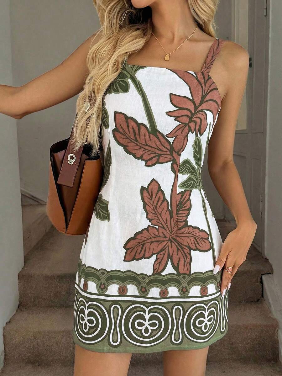 Vestido Mini de Alças com Estampa de Coqueiro e Costas Abertas - La Lecce