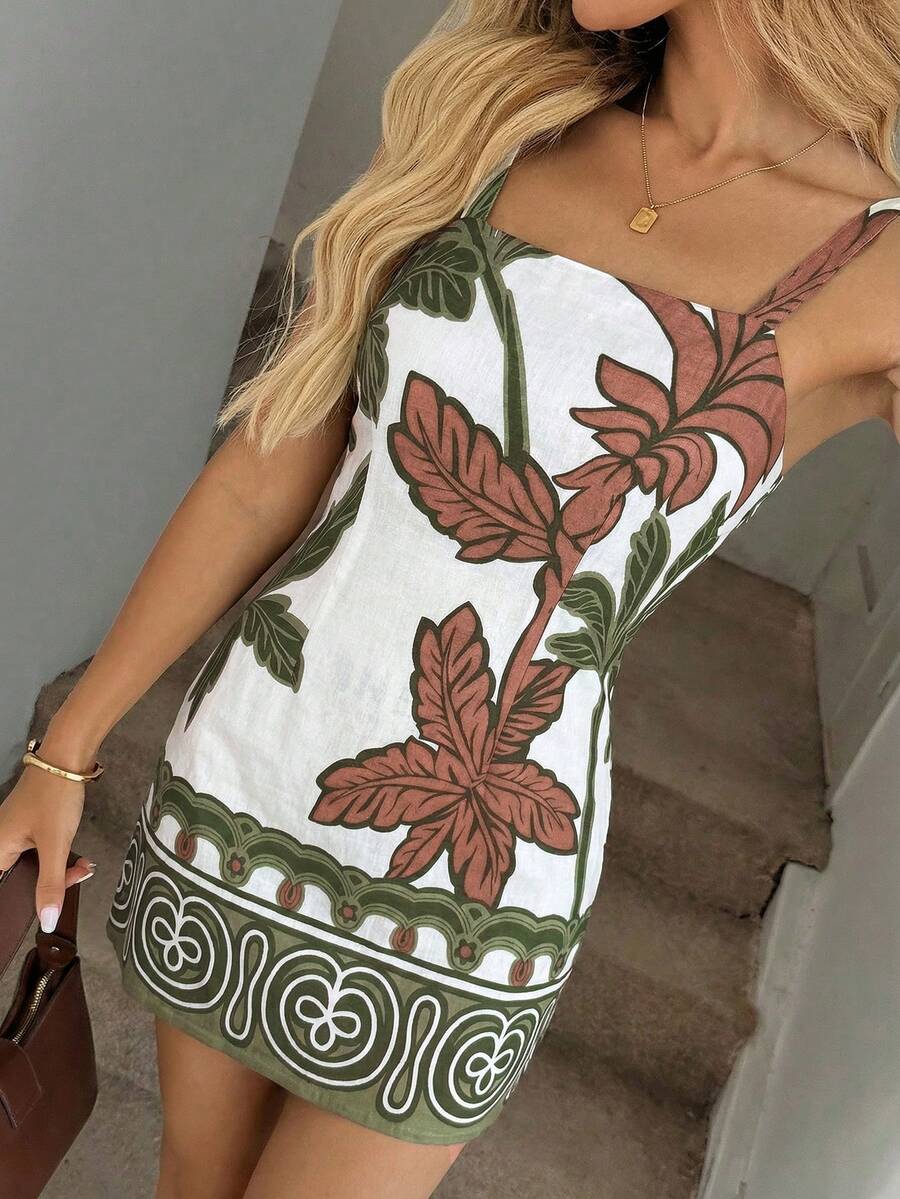 Vestido Mini de Alças com Estampa de Coqueiro e Costas Abertas - La Lecce