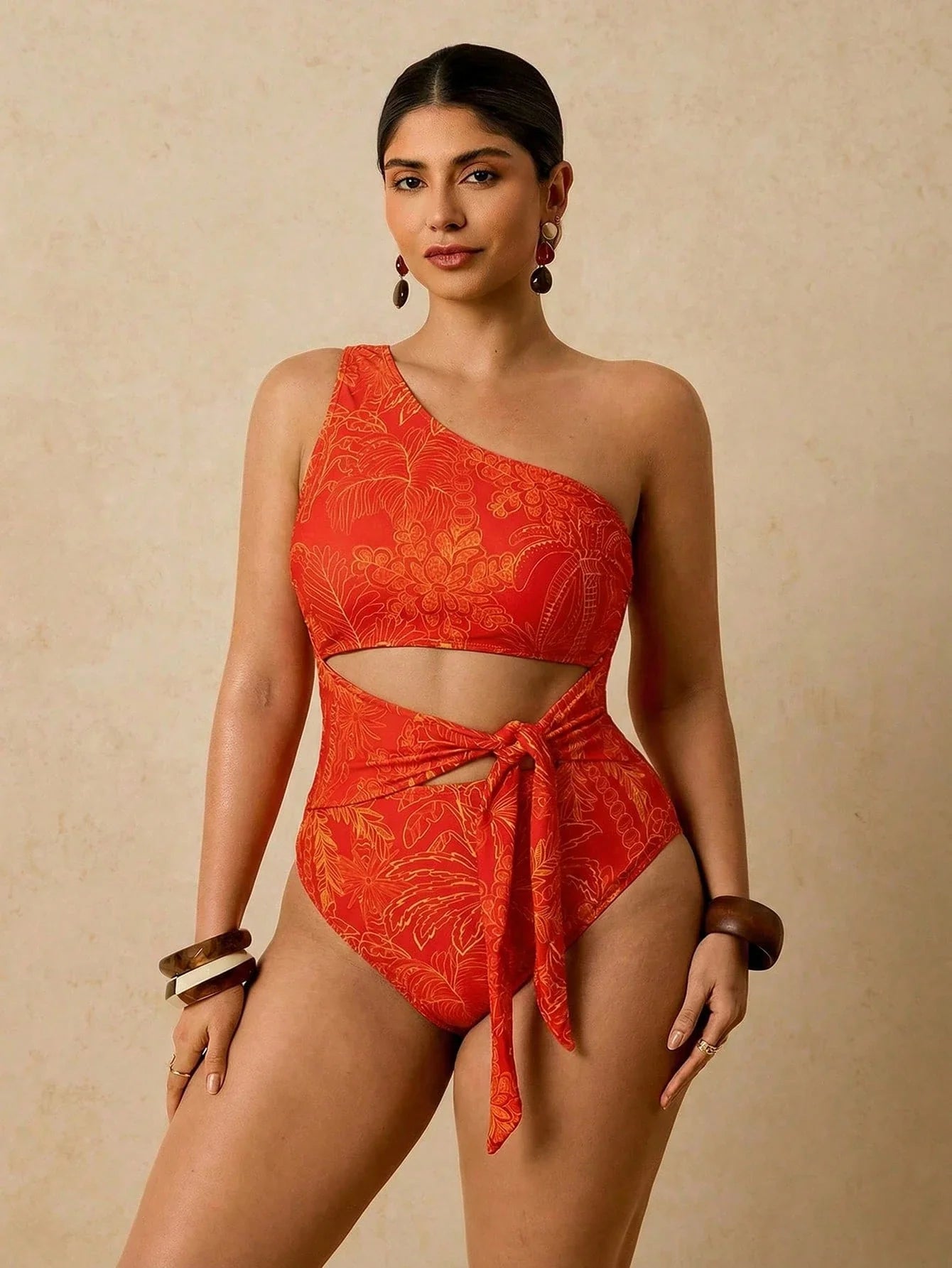 Maiô Plus Size Tropical com Nó Lateral
