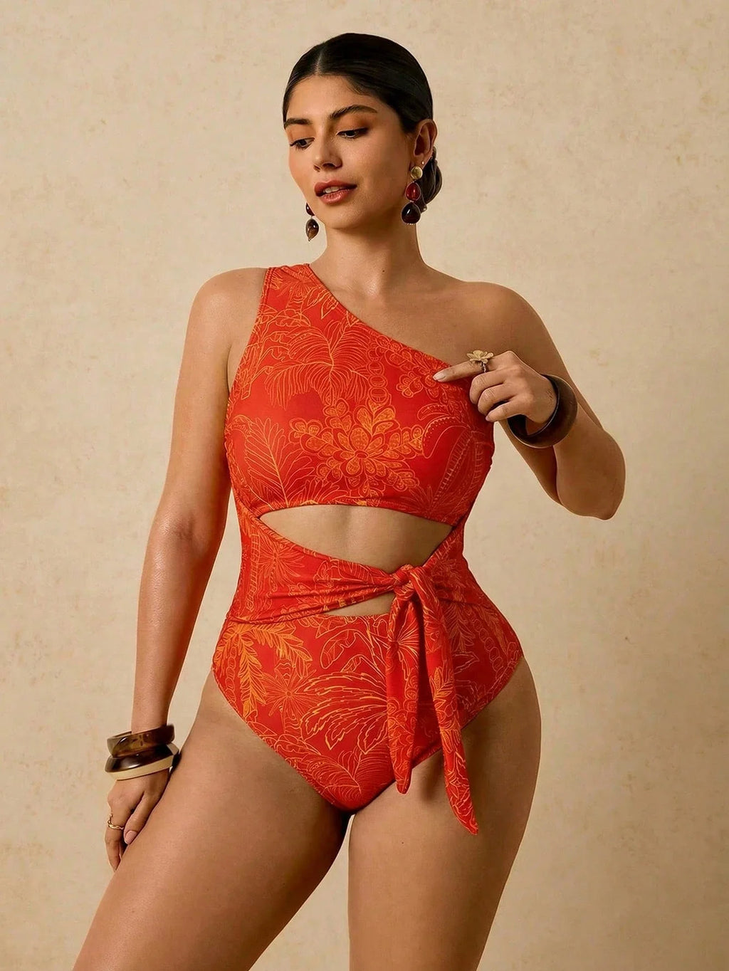 Maiô Plus Size Tropical com Nó Lateral