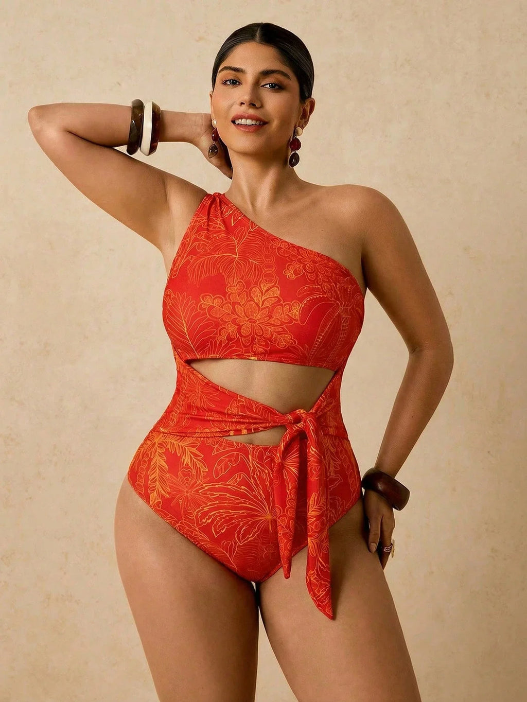 Maiô Plus Size Tropical com Nó Lateral