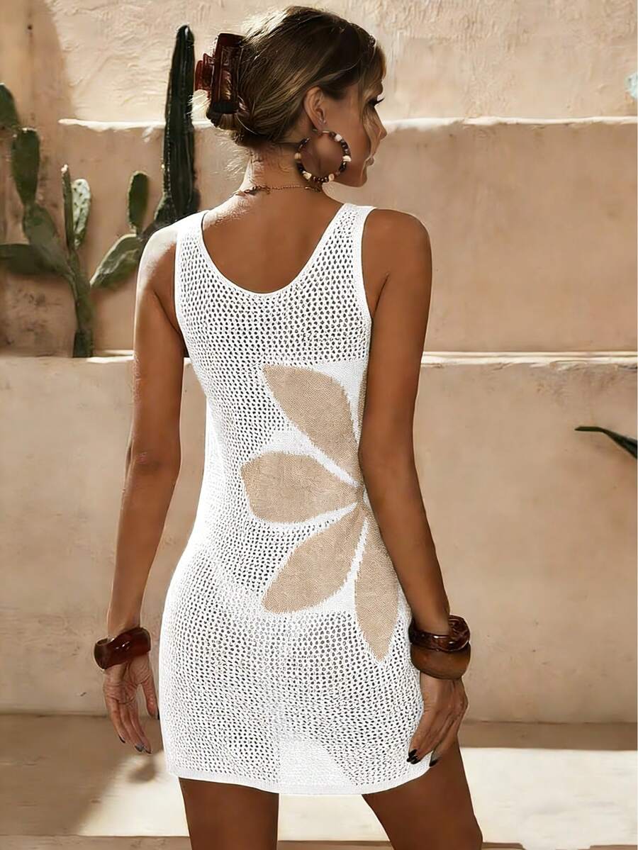 Vestido Saída de Praia em Crochê Floral Vazado com Fenda - La Lecce