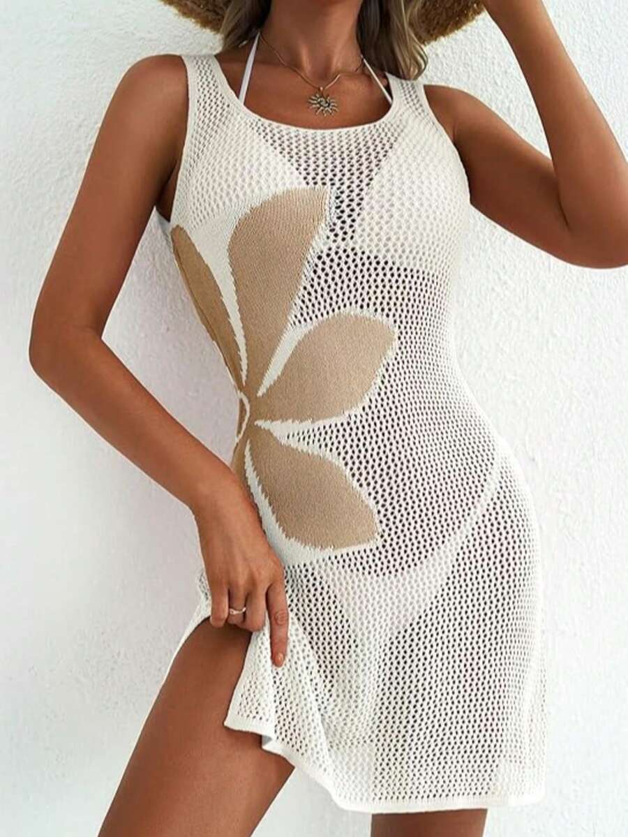 Vestido Saída de Praia em Crochê Floral Vazado com Fenda - La Lecce