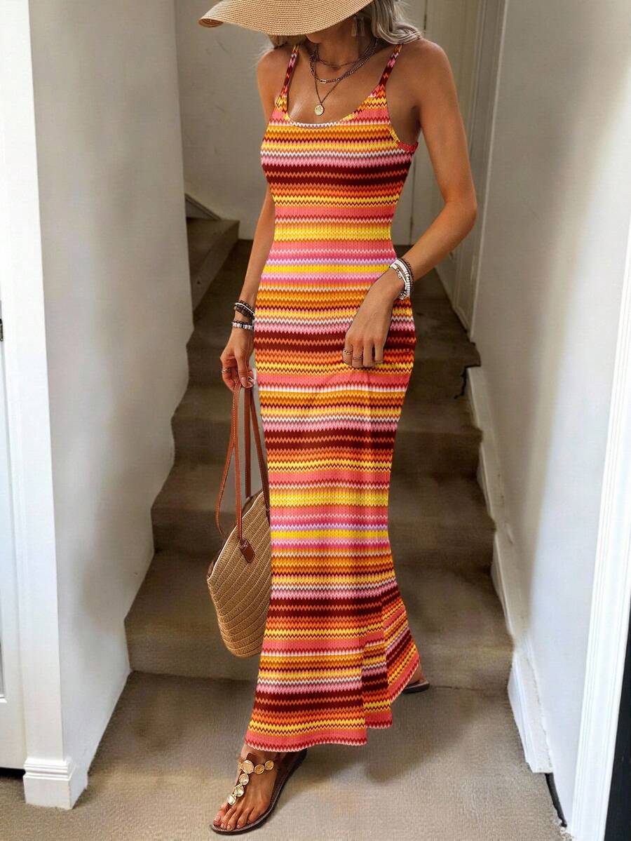 Vestido Maxi Listrado com Bainha Assimétrica - La Lecce