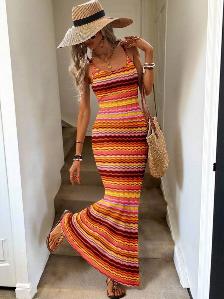 Vestido Maxi Listrado com Bainha Assimétrica - La Lecce