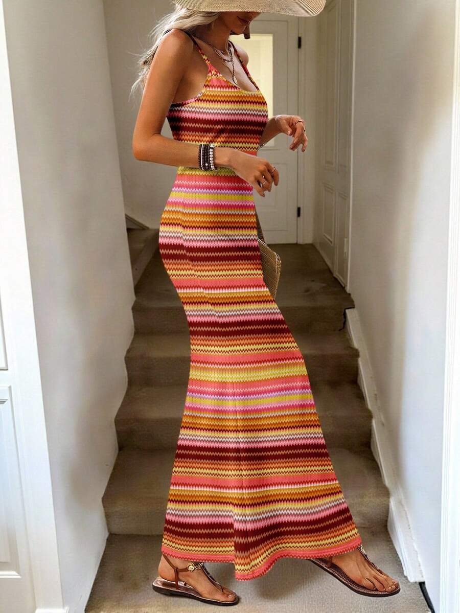 Vestido Maxi Listrado com Bainha Assimétrica - La Lecce