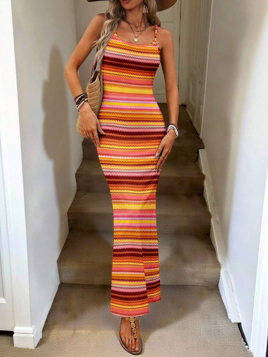 Vestido Maxi Listrado com Bainha Assimétrica - La Lecce