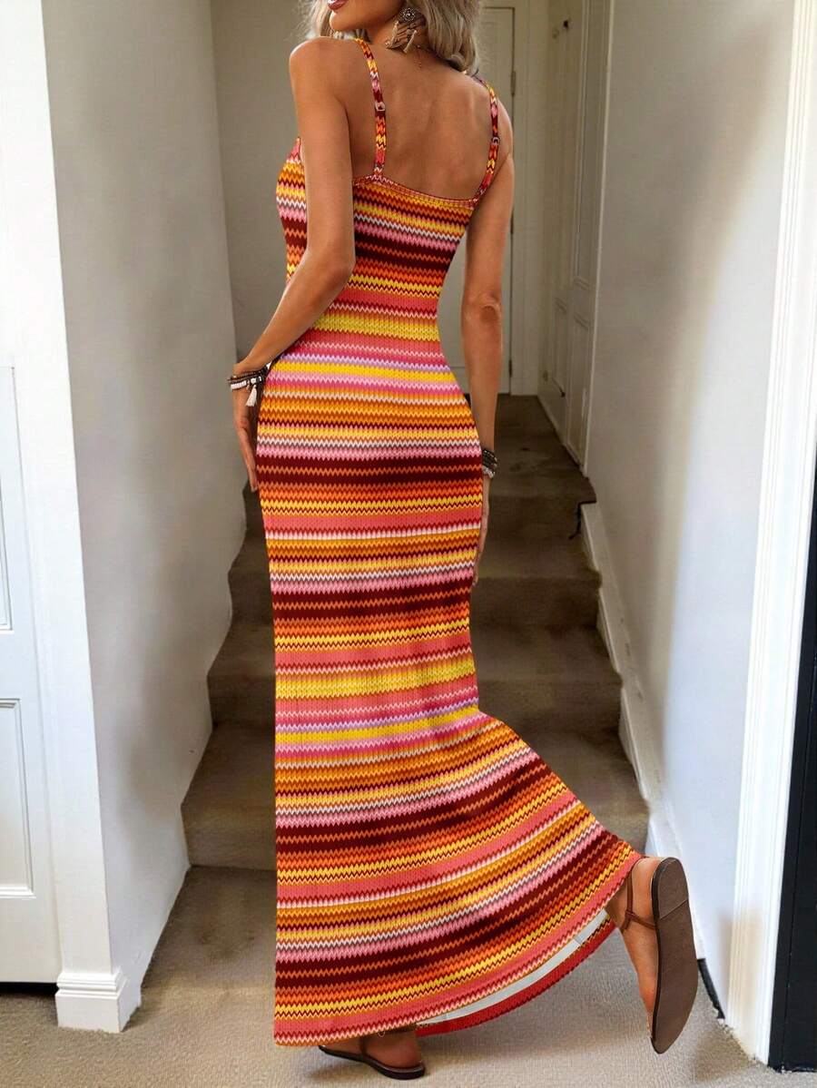 Vestido Maxi Listrado com Bainha Assimétrica - La Lecce