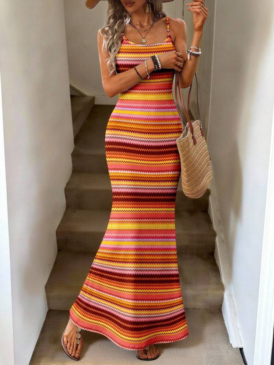 Vestido Maxi Listrado com Bainha Assimétrica - La Lecce
