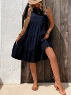 Vestido Midi Solto com Gola Redonda e Barra com Babado - La Lecce