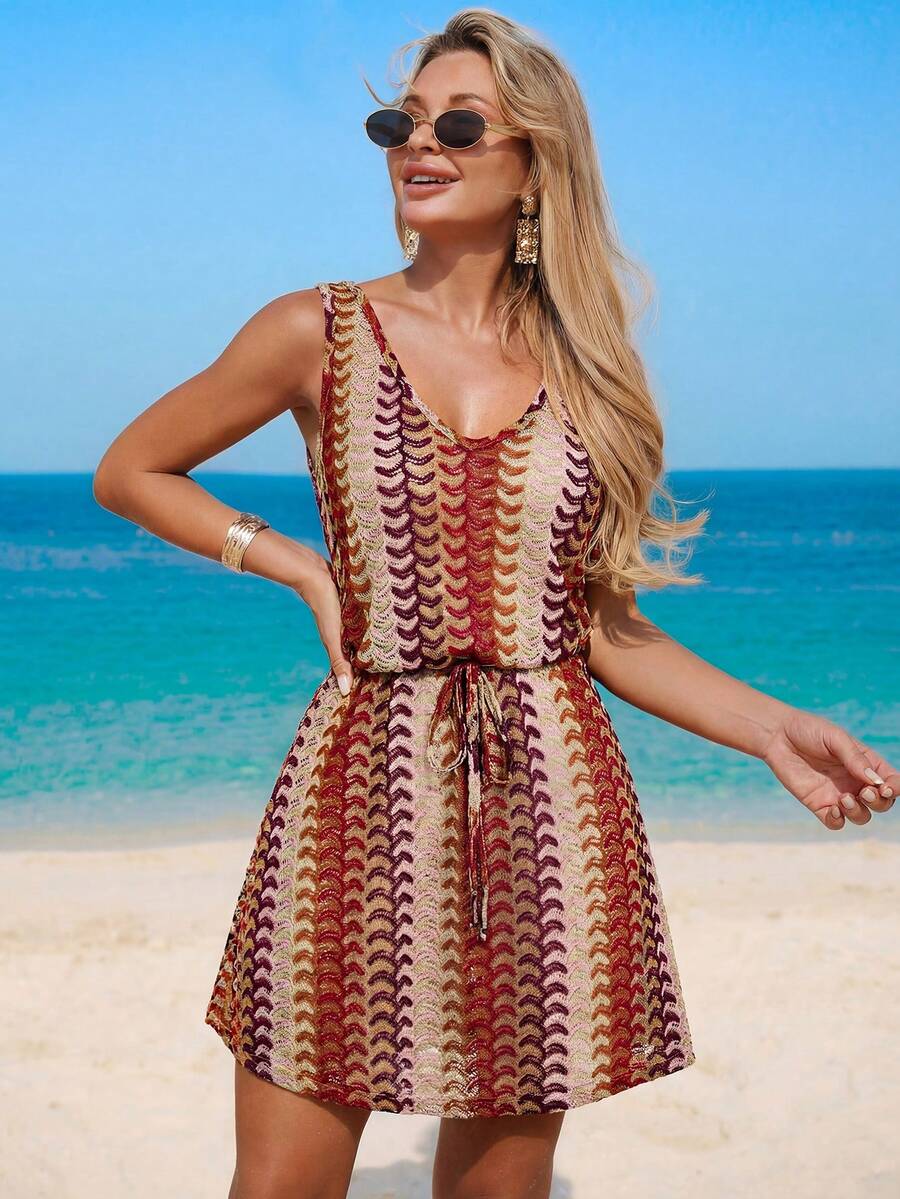 Vestido Saída de Praia Longo com Decote V e Laço Contrastante - La Lecce