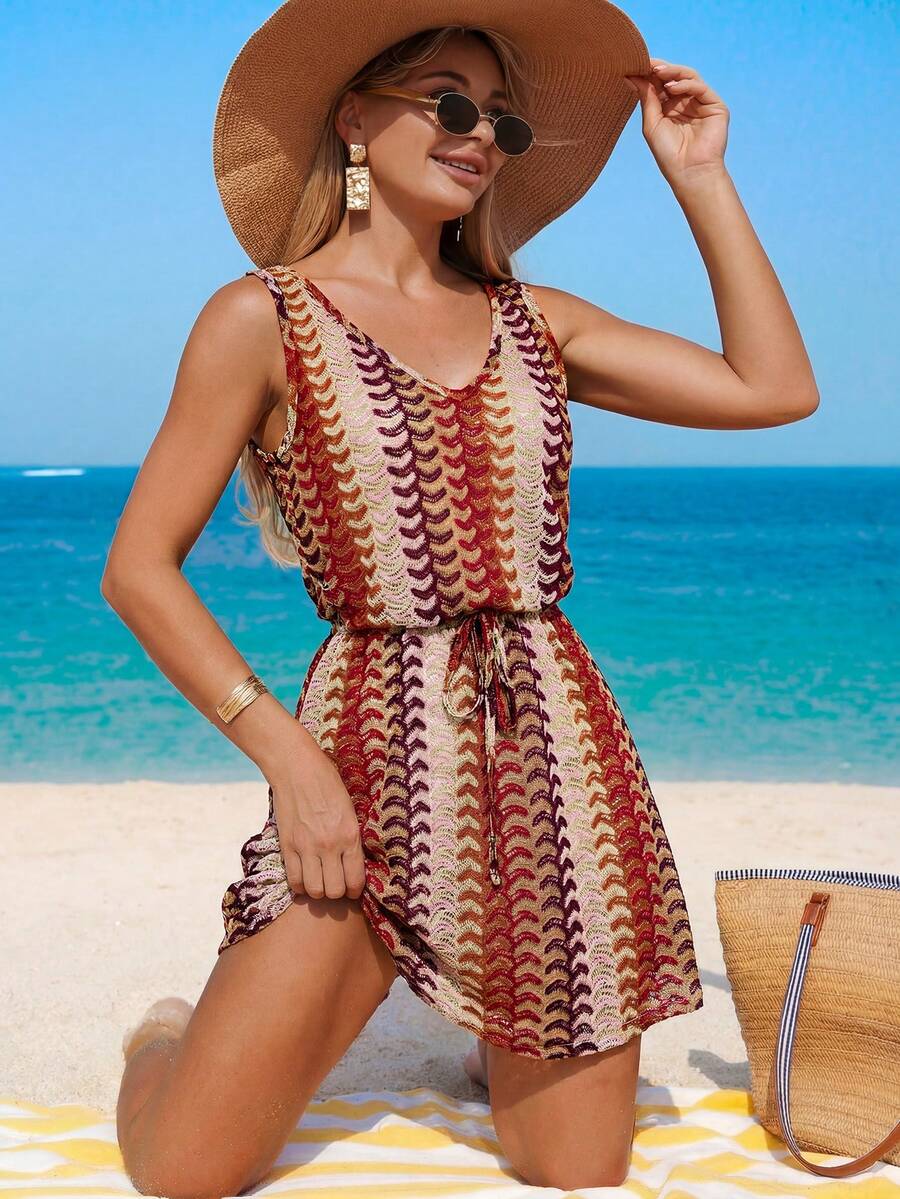 Vestido Saída de Praia Longo com Decote V e Laço Contrastante - La Lecce
