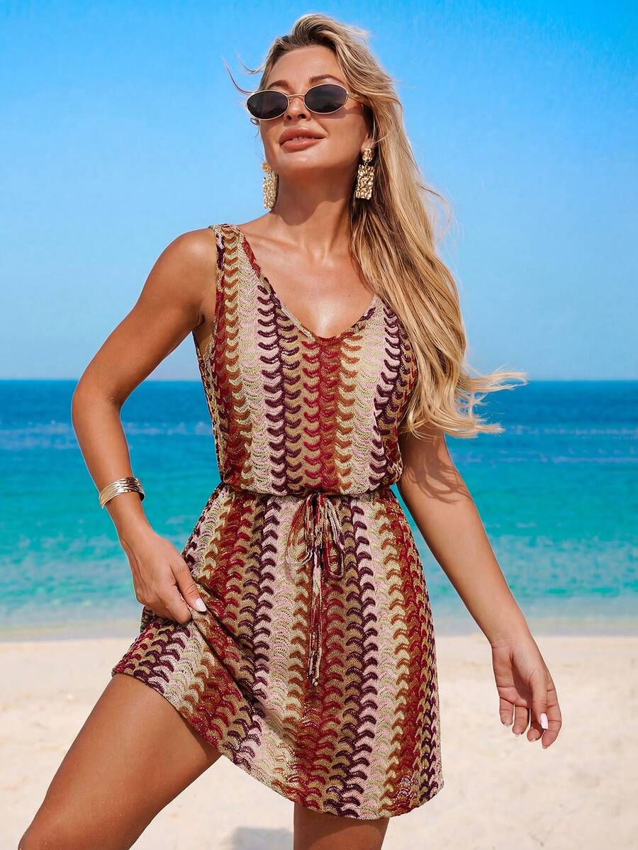 Vestido Saída de Praia Longo com Decote V e Laço Contrastante - La Lecce