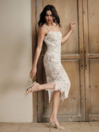Vestido Longo de Renda com Bainha Assimétrica - La Lecce