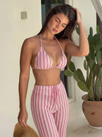 Conjunto de Biquíni 3 Peças Listrado com Top Frente-Única