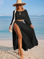 Conjunto de Praia 2 Peças com Cropped de Manga Longa e Saia com Fenda